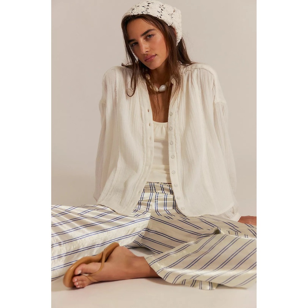 Free People We The Free Valley Double Cloth Shirt Sz L Clean Ivory Boho Coastal